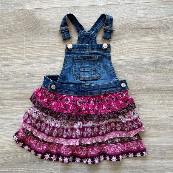 Jordache Girl's 2T Blue & Pink Denim Overall Dress Ruffle Skirt Paisley Boho - Picture 1 of 7